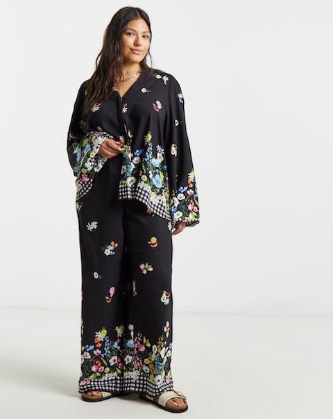 Simply Be Gingham Floral Print Wide Leg Trouser