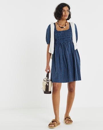 Simply Be Navy Gingham Shirred Skater Dress