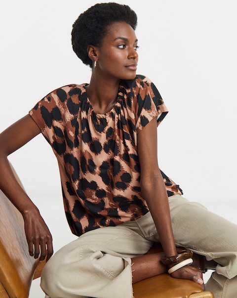 Animal Print Ruched Neck Bubble Hem Top