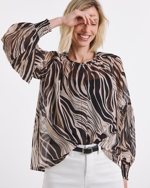Abstract Print Blouson Sleeve Collarless Georgette Blouse