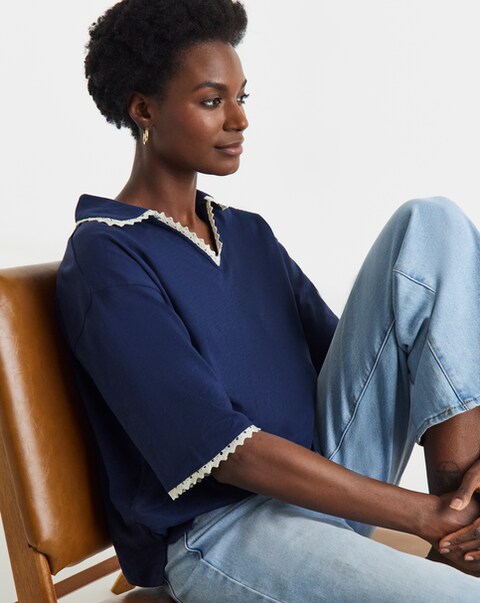 Contrast Lace Trim Polo
