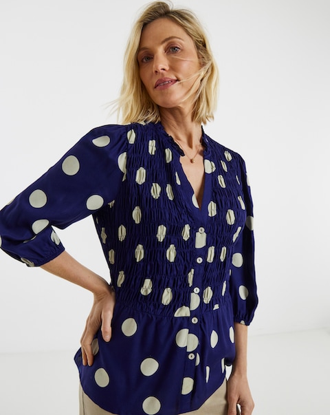Ivory Spot Shirred Button Through Top