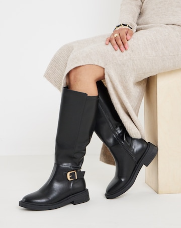 Brielle Buckle Detail Stretch Knee High Boots - Wide Fit (E) & Curvy Calf