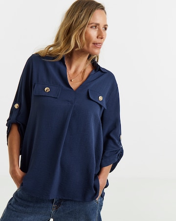 Navy Utility Button Detail Collar Popover Top