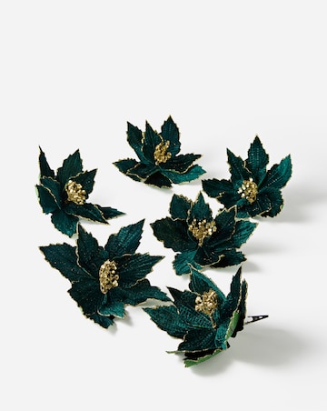 Green Velvet Gold Glitter Poinsettia Clips - Set of 6