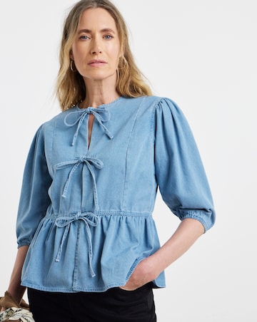 Light Blue Peplum Puff Sleeve Denim Top