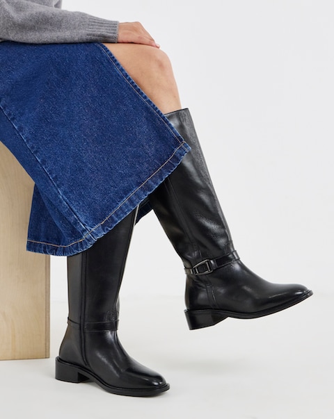 New In - Leather Knee High Buckle Boot Ex Wide