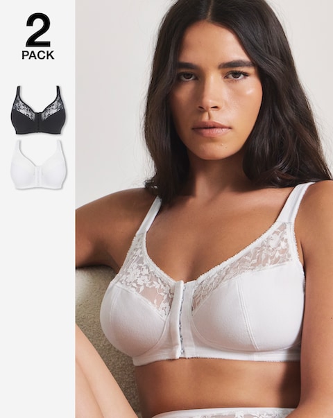 Pretty Secrets (2 Pack) Cotton Lace Front Fastening Non Wired Full Cup Bras
