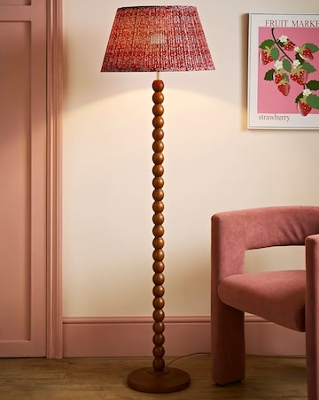 ValueLights Bobble Walnut Floor Lamp with Burgundy Floral Pleated Shade