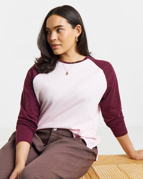 Simply Be Pink And Burgundy Raglan Long Sleeve T-Shirt
