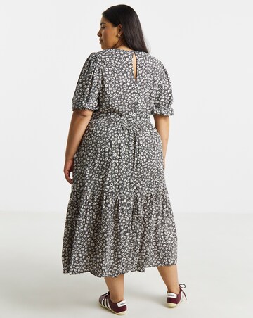 Mono Ditsy Print Tiered Midi Dress
