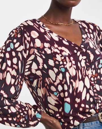 Butterfly Print Button Front Long Sleeve Top