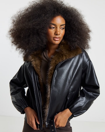 Black Faux Leather Quilted Jacket With Detachable Fur Collar