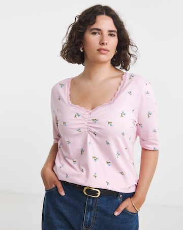 Simply Be Magenta And Blue Ditsy Floral Short Sleeve Square Neck Rib Top