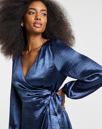 Blue Satin Tie Front Long Sleeve Dress
