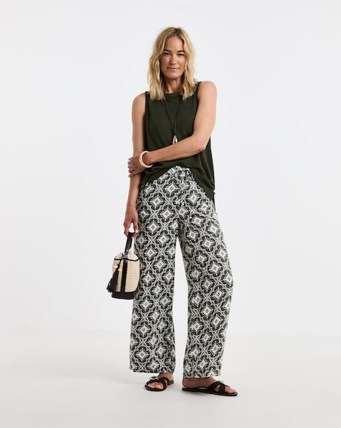 Green Printed Spun Viscose Pull On Wide Leg Trousers