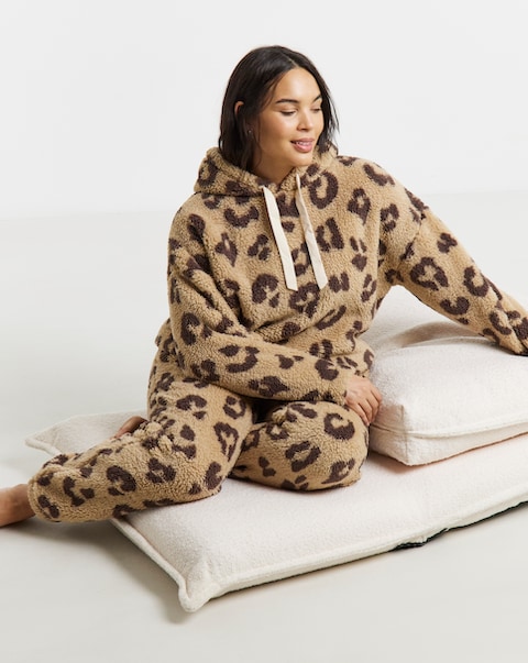 Pretty Secrets Leopard Print Teddy Fleece Hooded Twosie