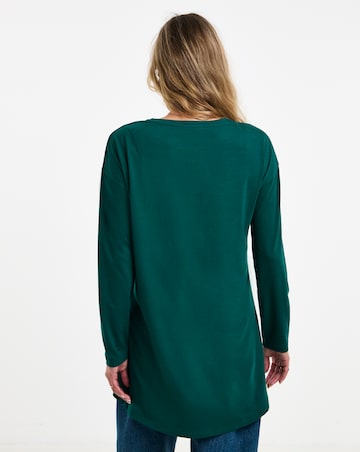Pine Green Crew Neck Long Sleeve Dipped Back Top