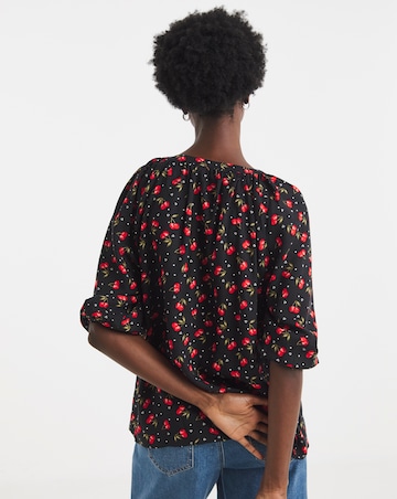 Cherry Print Collarless Button Through Blouse
