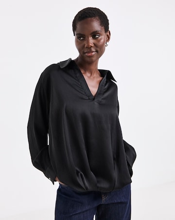 Black Satin Collar Detail Bubble Hem Blouse