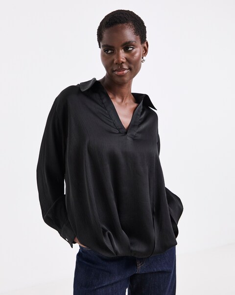 Black Satin Collar Detail Bubble Hem Blouse