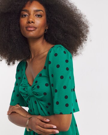 Green Spot Print Supersoft Knot Front Skater Dress