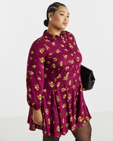 Simply Be Ditsy Print Long Sleeve Godet Shirt Dress