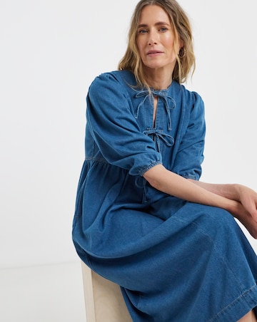Blue Peplum Puff Sleeve Denim Dress