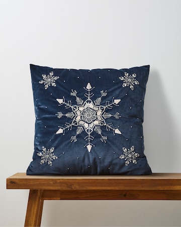 Embroidered Snowflake Velvet Cushion - Navy