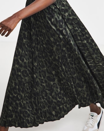 Khaki Leopard Jersey Pleated Midaxi Skirt