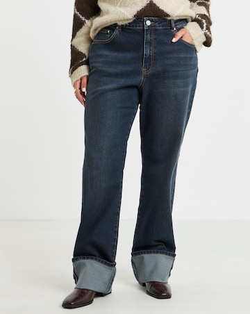 Blue Turn Up Straight Wide Leg Jeans