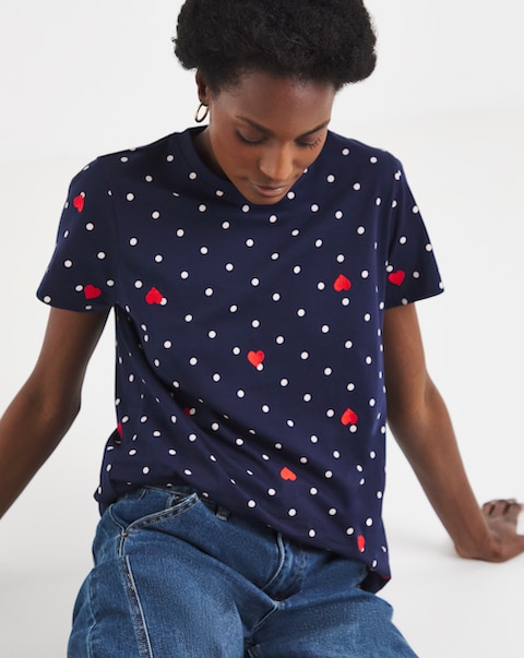Navy Heart Embroidered Crew Neck T-Shirt