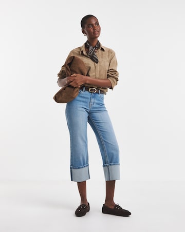 Blue Straight Crop Turn Up Jeans