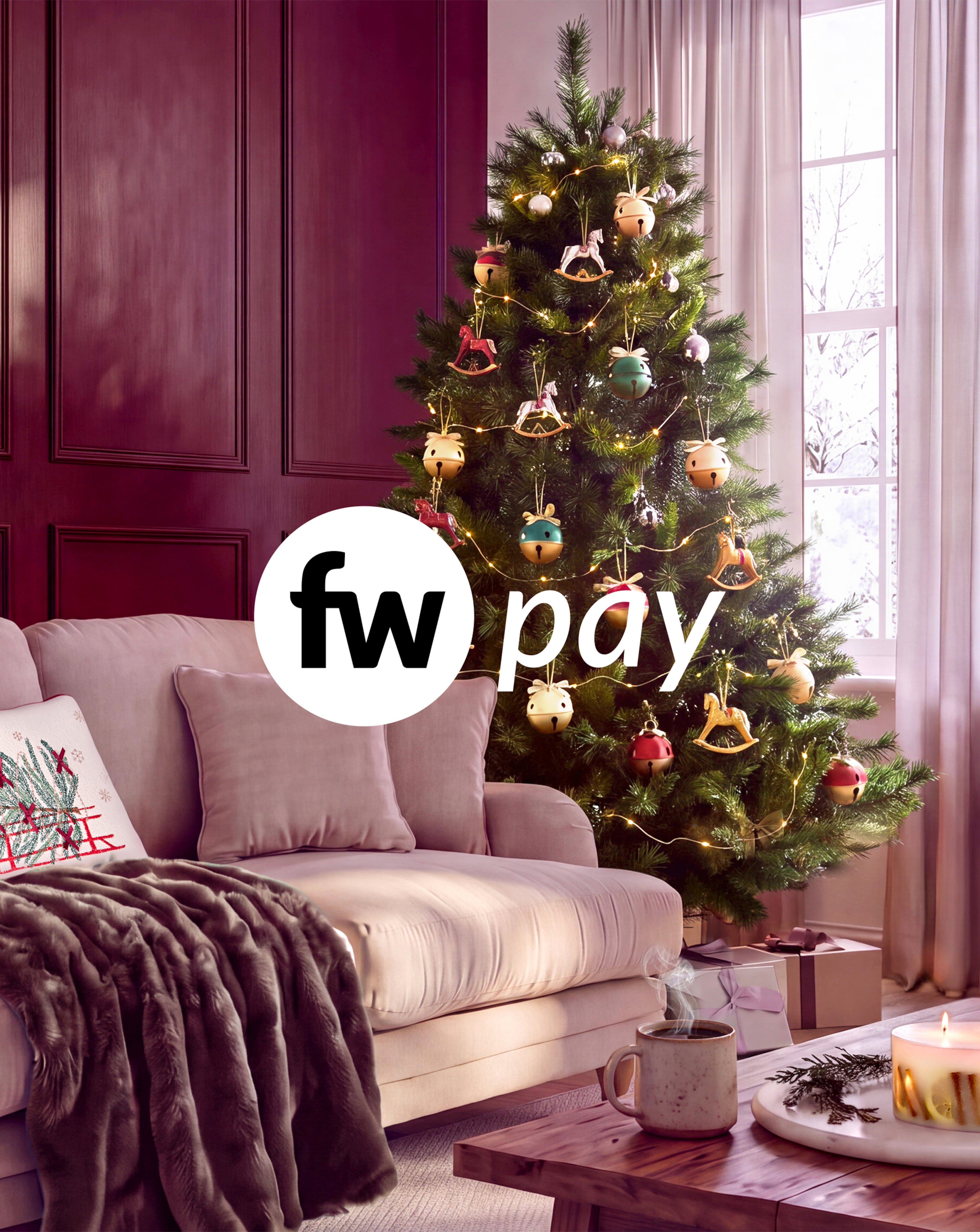 A decorated Christmas tree next to a sofa with a “FW Pay" logo overlay.