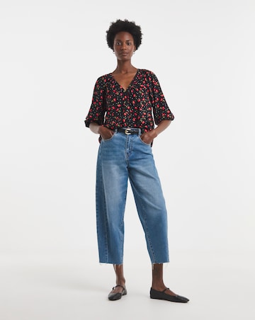 Cherry Print Collarless Button Through Blouse