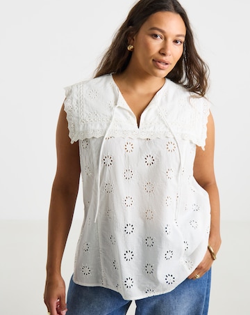White Collar Detail Broderie Top