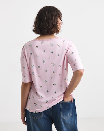 Simply Be Magenta And Blue Ditsy Floral Short Sleeve Square Neck Rib Top
