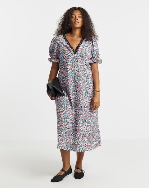 Simply Be Ditsy Printed Lace Trim Midi Dress