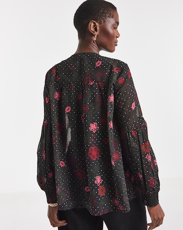 Printed Blouson Sleeve Collarless Georgette Blouse