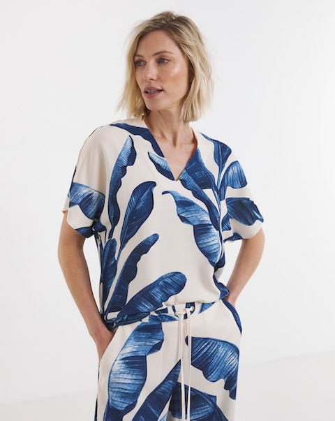 Blue Palm Print Co-Ord Border Print V Neck Tunic Top