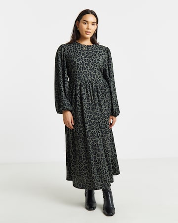 Simply Be Khaki Leopard Wafffle Dropped Hem Midi Dress