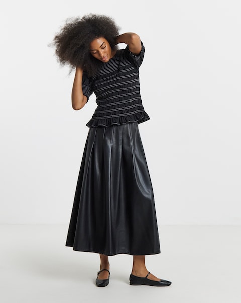 Black PU Pleated Midaxi Skirt