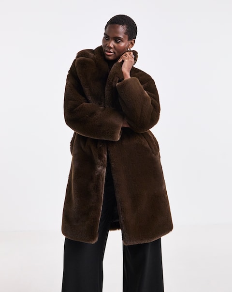 New In - Mid Length Chocolate Plush Faux Fur Coat