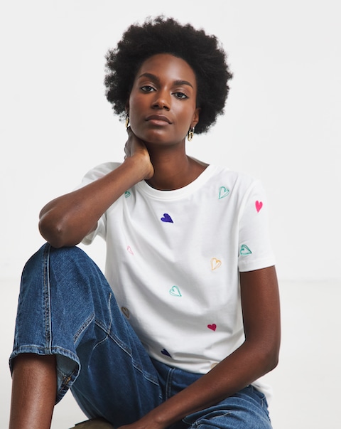 White Heart Embroidered Crew Neck T-Shirt
