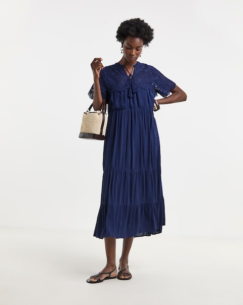 Crinkle Broderie Trim Smock Dress