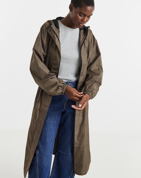Check Print Longline Lightweight Raincoat