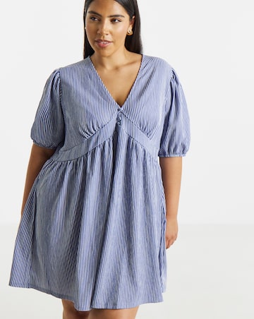 Blue Stripe Waffle Waist Detail Skater Dress