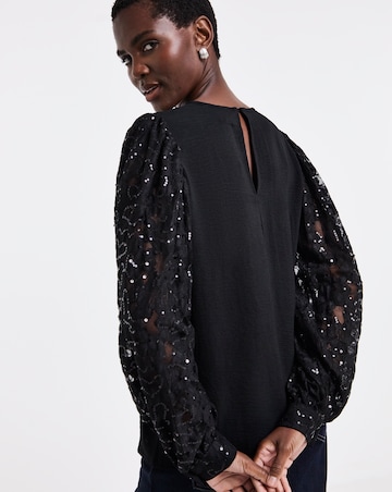 Black Sequin Lace Sleeve Top
