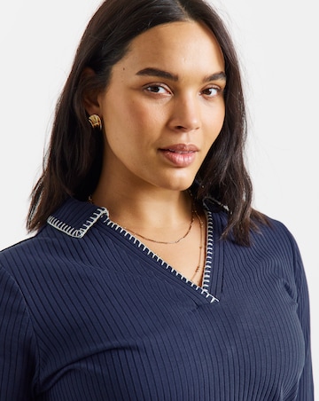 Simply Be Navy Rib Blanket Stitch Polo Top
