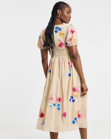 Maya Curve V Neck Floral Embroidered Midi Dress